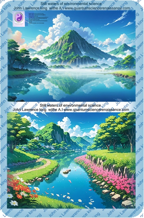Still waters of Environmental science with flowers both sides of river - by John Lawrence King + A.I.  